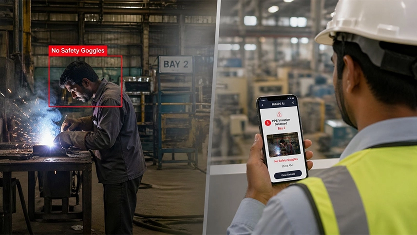PPE compliance monitoring on manufacturing floor — worker wearing safety helmet and goggles detected by AI