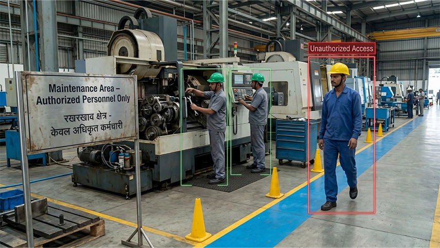 Restricted zone access monitoring in manufacturing plant — AI detecting unauthorized entry