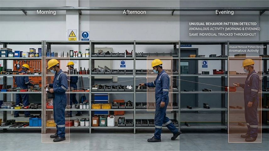 Theft and pilferage detection in manufacturing — AI surveillance monitoring storage zone activity
