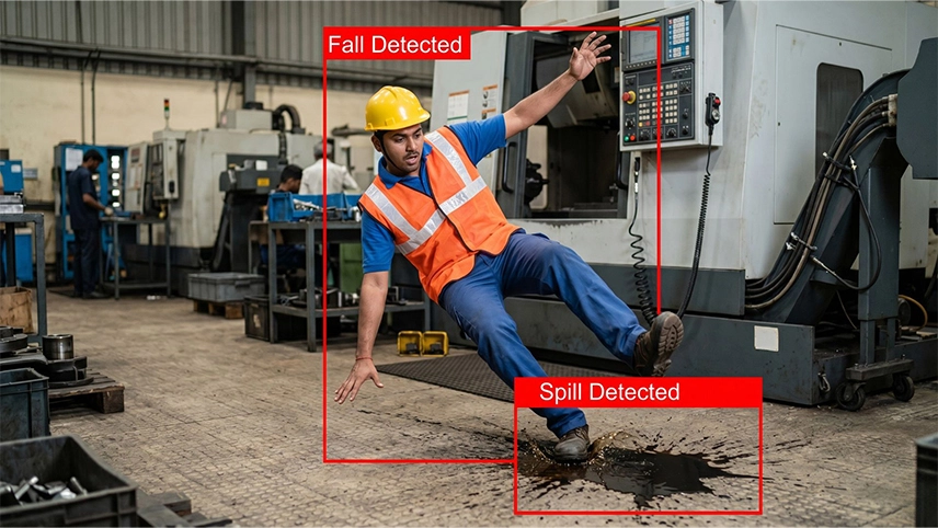 Fire, slip and spill detection in manufacturing plant — AI video analytics alerting in real time